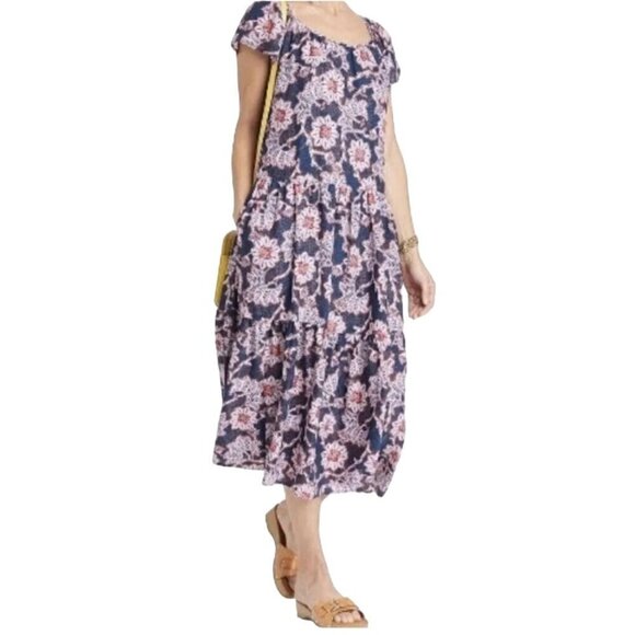 Knox Rose NWOT Blue Lavender Peasant Bohemian Floral Maxi Dress Size M - Picture 1 of 9